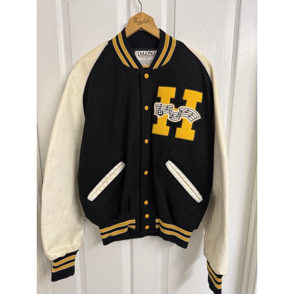 Vintage DeLONG Black & White Wool Leather Varsity Jacket H Music School Large